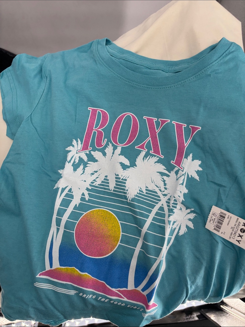 Roxy Bring the good Vibes Turquoise Palm trees Sunset Graphic Tee size 8 NWT